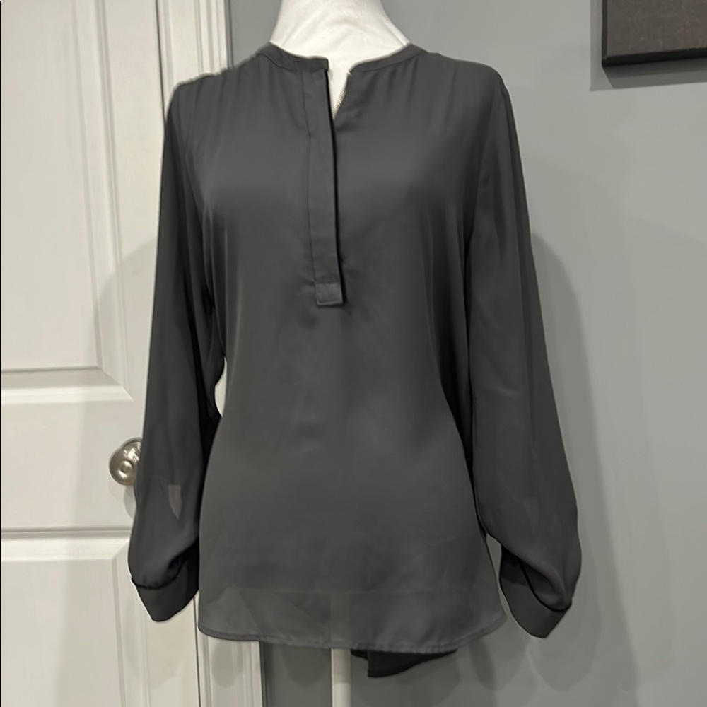 Gray Long Sleeve Blouse with Mandarin Collar